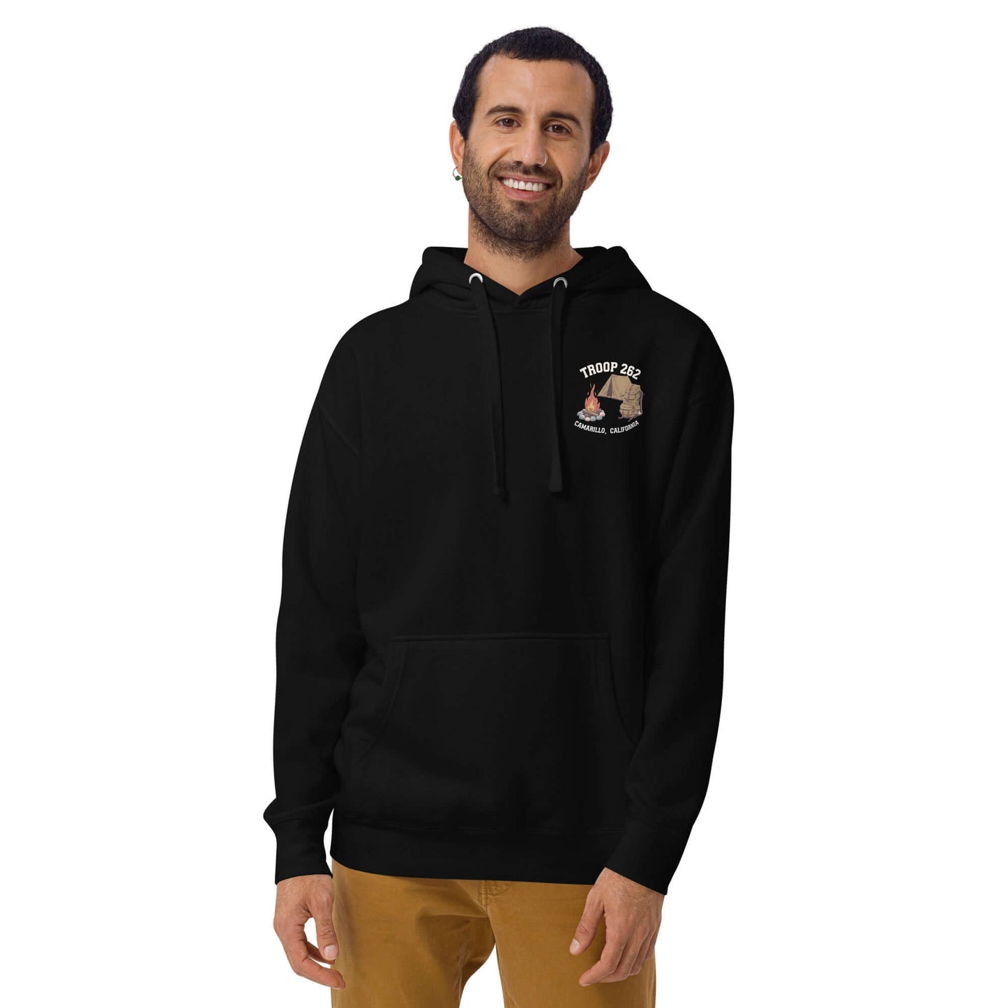 Adult unisex hoodie in black featuring Troop 262 logo, perfect for outdoor activities and everyday comfort.