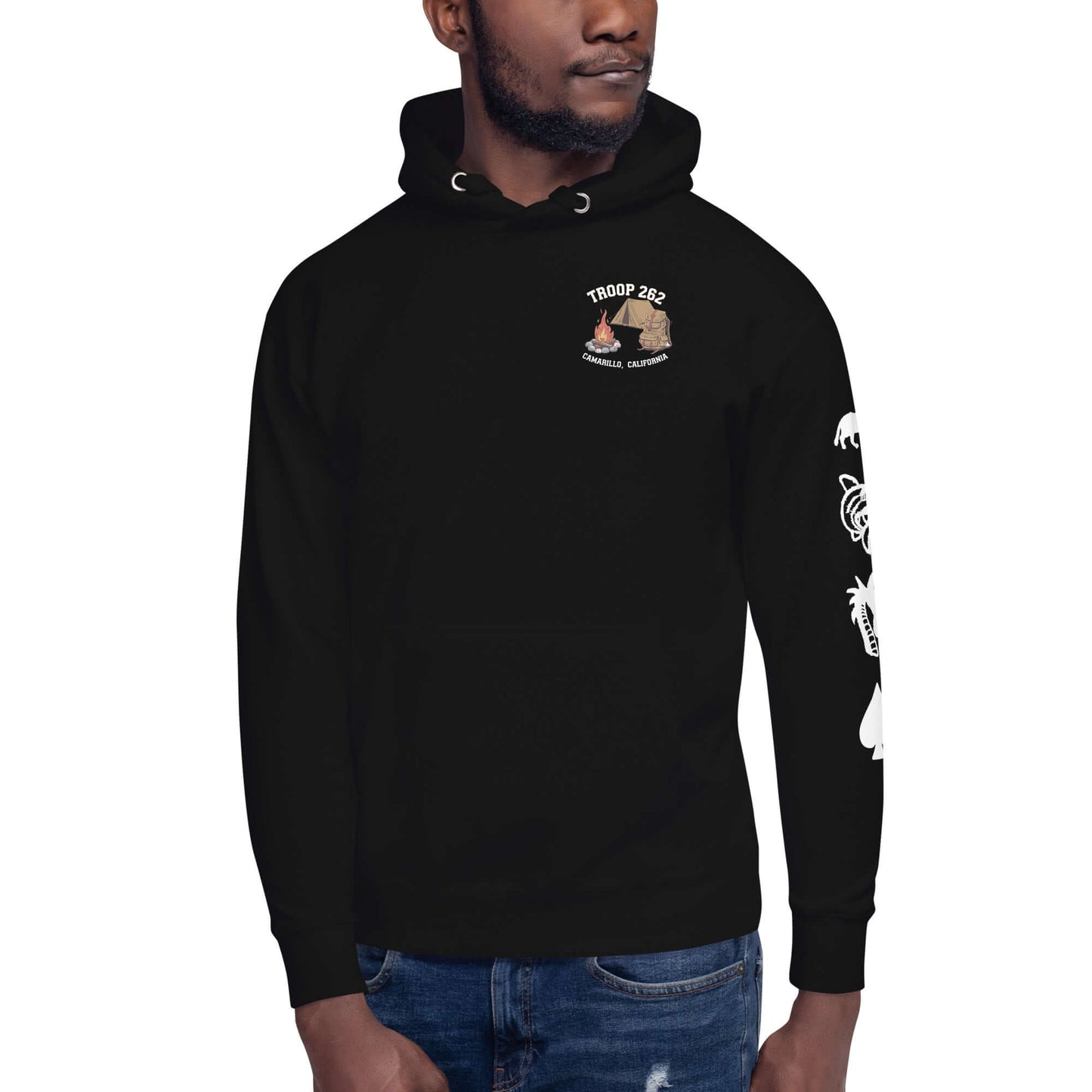 Adult unisex black hoodie featuring Troop 262 logo, perfect for camping and everyday wear.