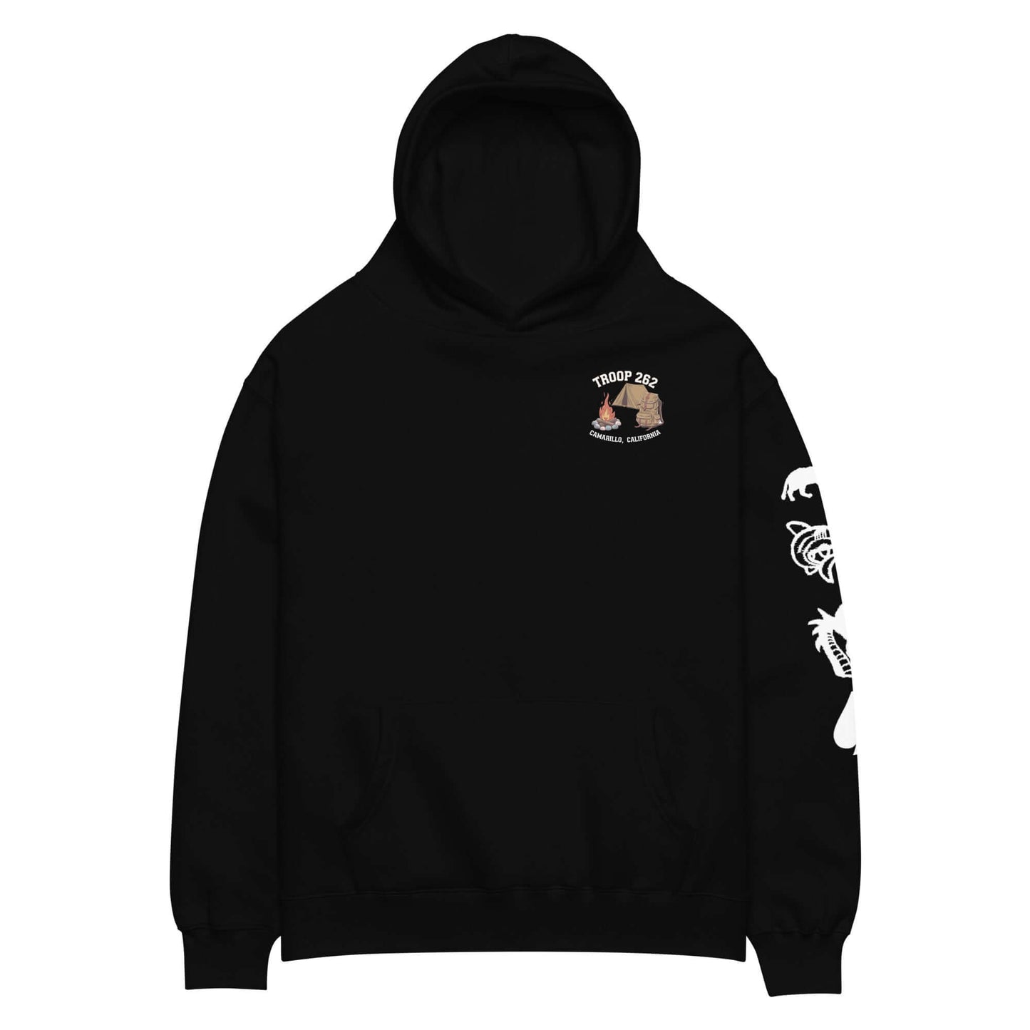 Adult unisex oversized black hoodie with unique logo and design, perfect for camping and outdoor activities.