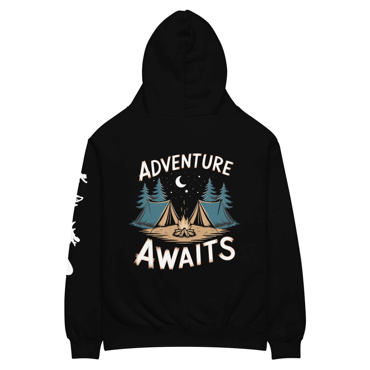 Black oversized hoodie with "Adventure Awaits" graphic and camping tents design, perfect for outdoor enthusiasts.