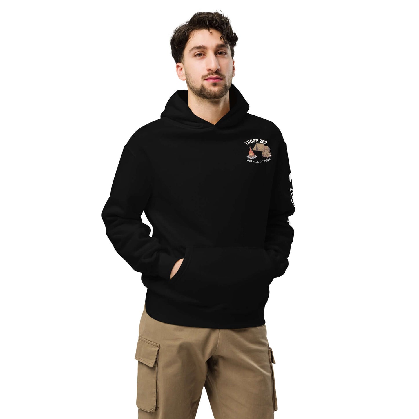 Adult unisex oversized hoodie in black, perfect for camping, featuring trendy design and soft fabric.