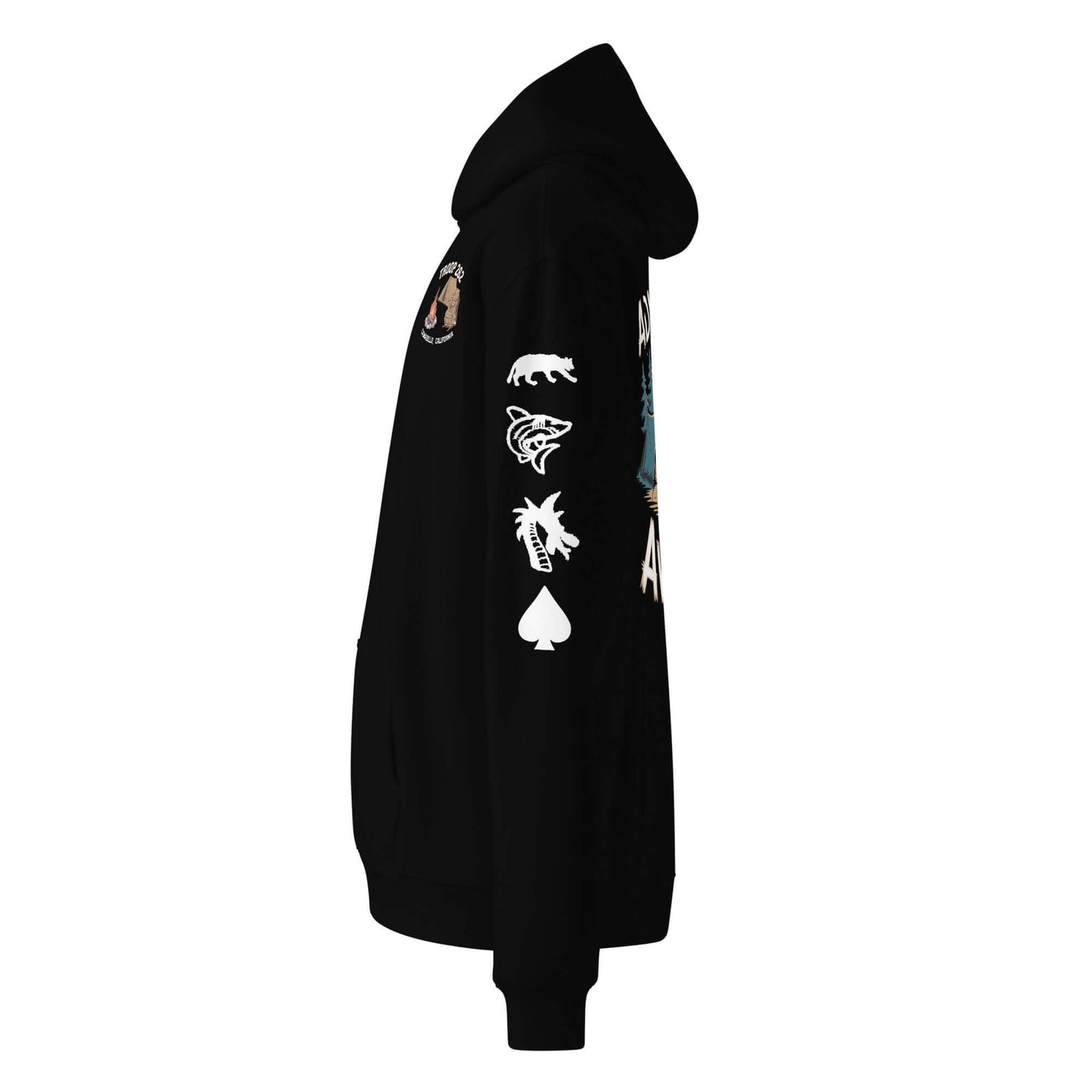 Side view of the Adult Unisex Oversized Hoodie featuring unique camping graphics and a cozy, oversized fit.