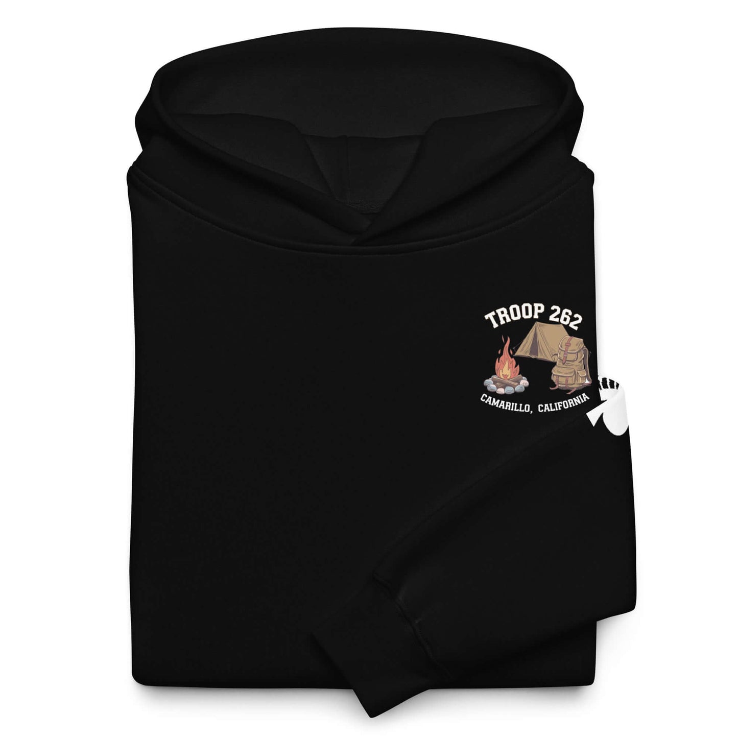 Black oversized hoodie featuring Troop 262 logo and camping graphic, perfect for outdoor adventures or casual wear.