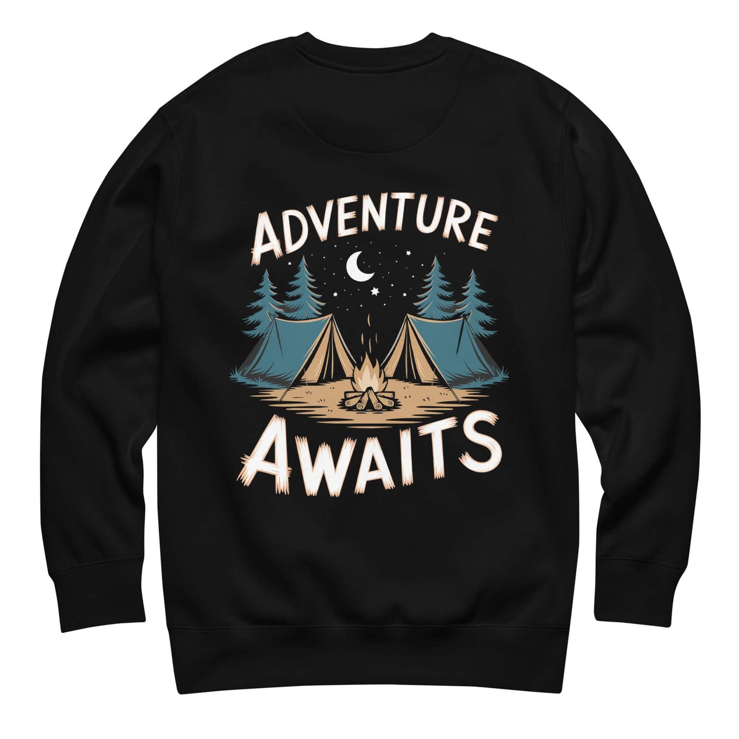 Adult unisex premium sweatshirt featuring 'Adventure Awaits' design with tents, trees, and a night sky.