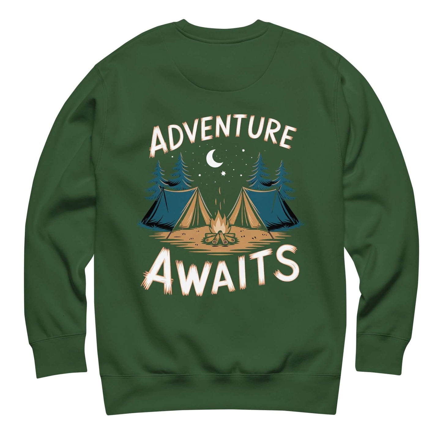 Adult unisex premium sweatshirt in forest green with 'Adventure Awaits' graphic and camping motif.