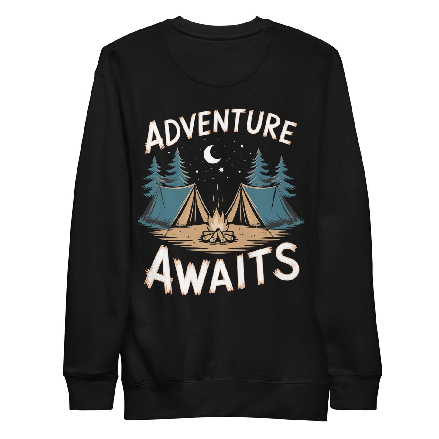 Adult Unisex Premium Sweatshirt featuring 'Adventure Awaits' design with tents and trees, perfect for outdoor activities.