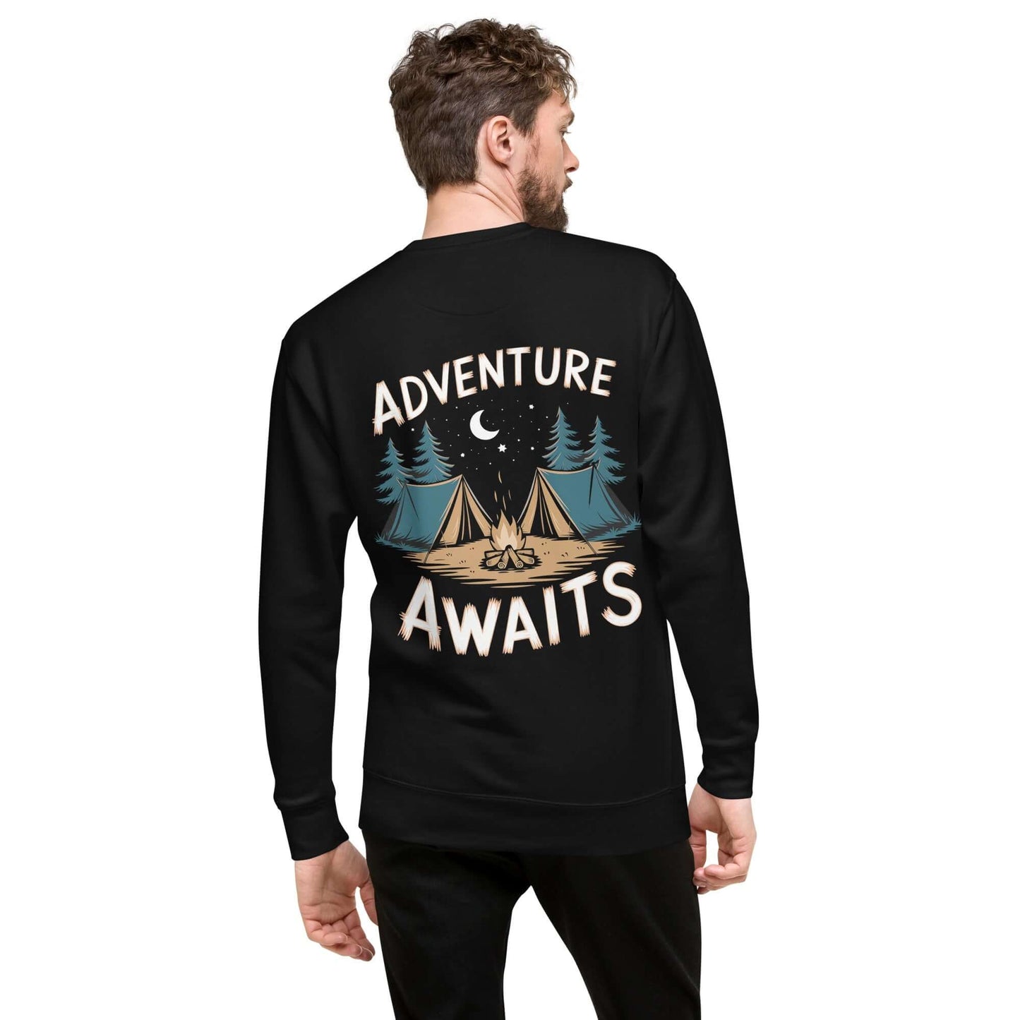 Adult unisex premium sweatshirt featuring 'Adventure Awaits' design with camping motif and soft fleece interior.