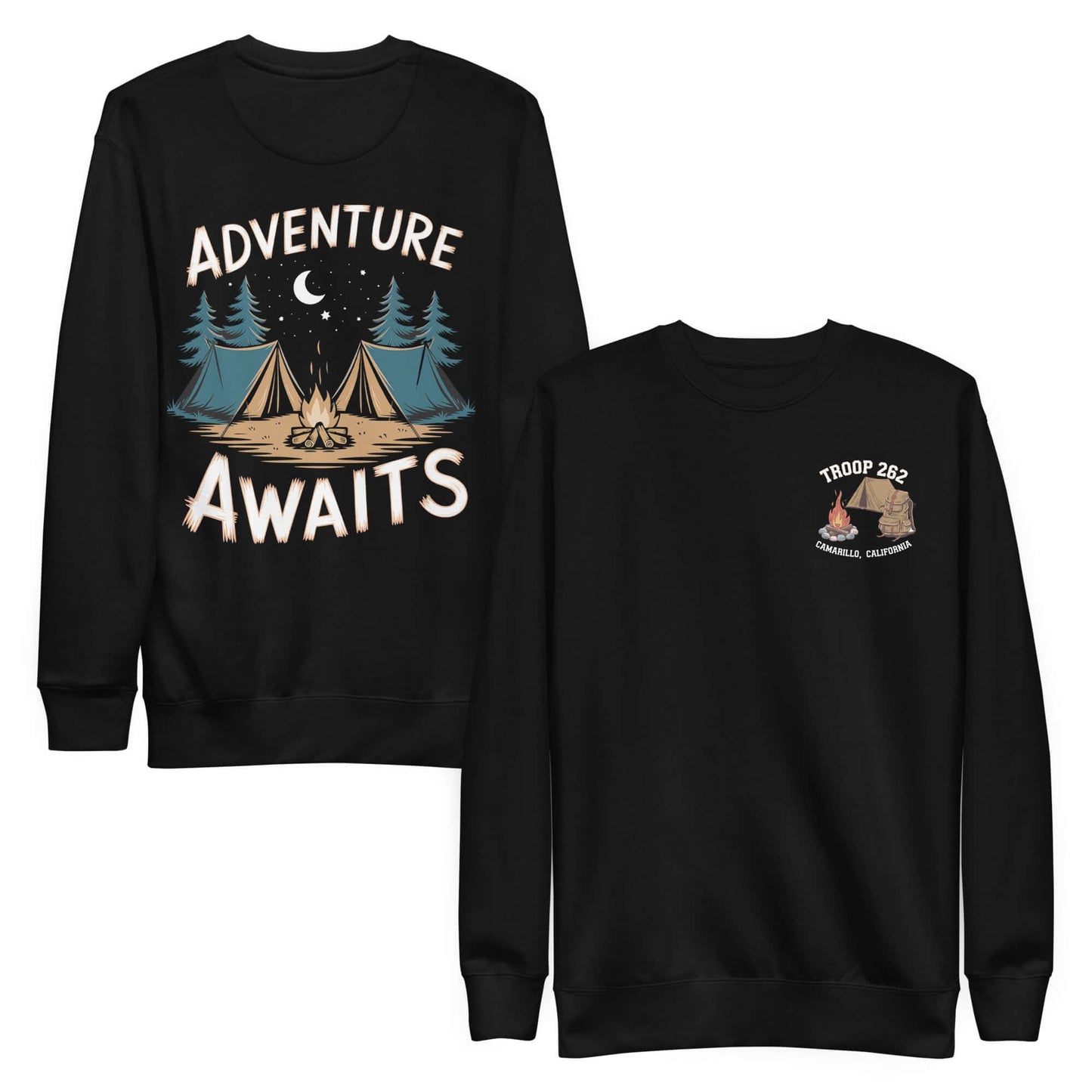 Adult unisex premium sweatshirt featuring 'Adventure Awaits' design and Troop 262 emblem, perfect for camping enthusiasts.