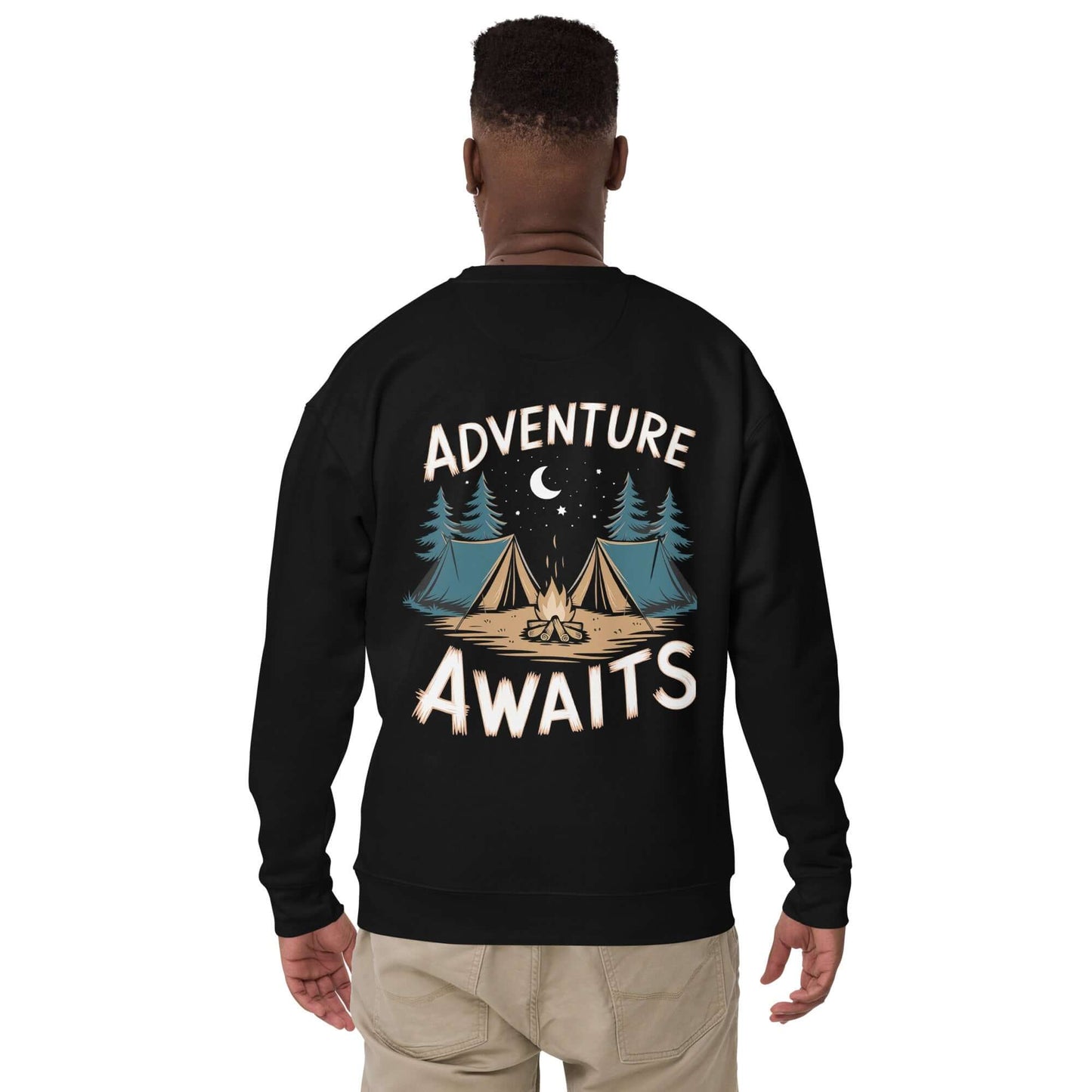 Adult unisex premium sweatshirt with "Adventure Awaits" graphic and camping design, perfect for cozy outdoor wear.