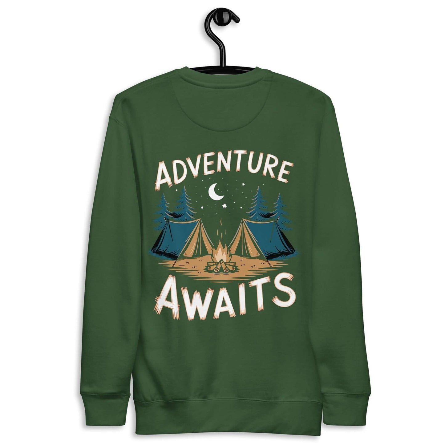 Adult Unisex Premium Sweatshirt with 'Adventure Awaits' graphic, perfect for outdoor enthusiasts and campers.