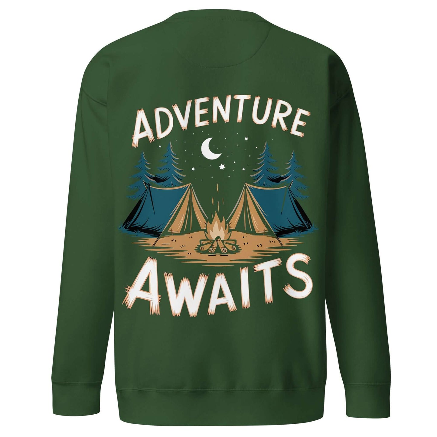 Adult unisex premium sweatshirt featuring 'Adventure Awaits' text with tents and trees design.