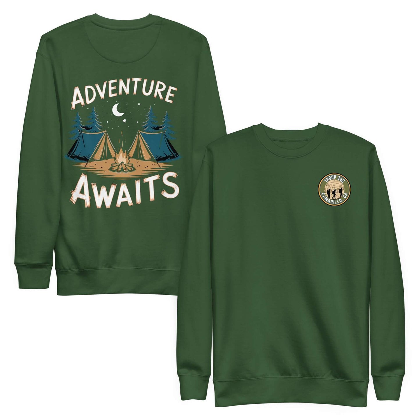 Adult Unisex Premium Sweatshirt in green with 'Adventure Awaits' design and Troop logo, perfect for outdoor activities.
