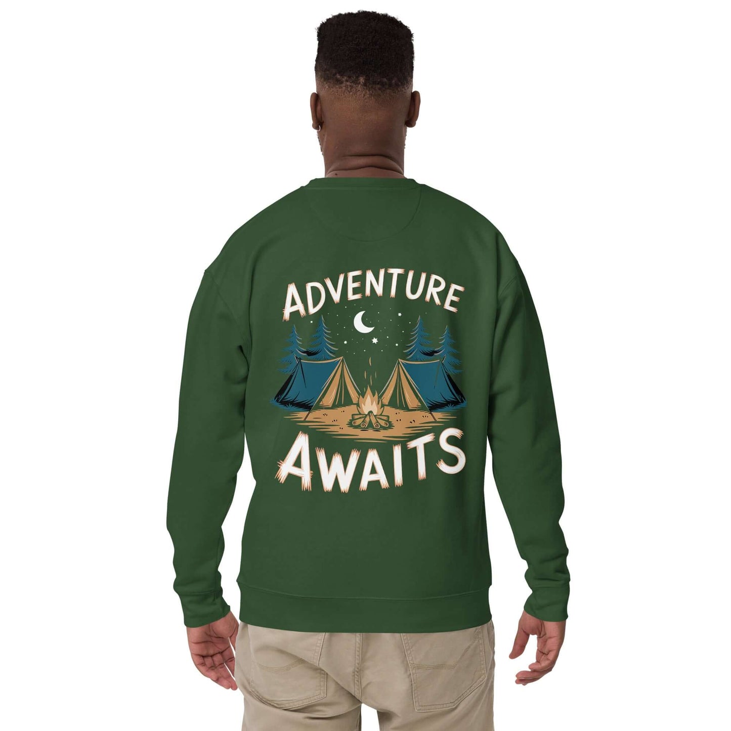 Adult unisex sweatshirt featuring 'Adventure Awaits' design with camping tents and trees, perfect for outdoor enthusiasts.