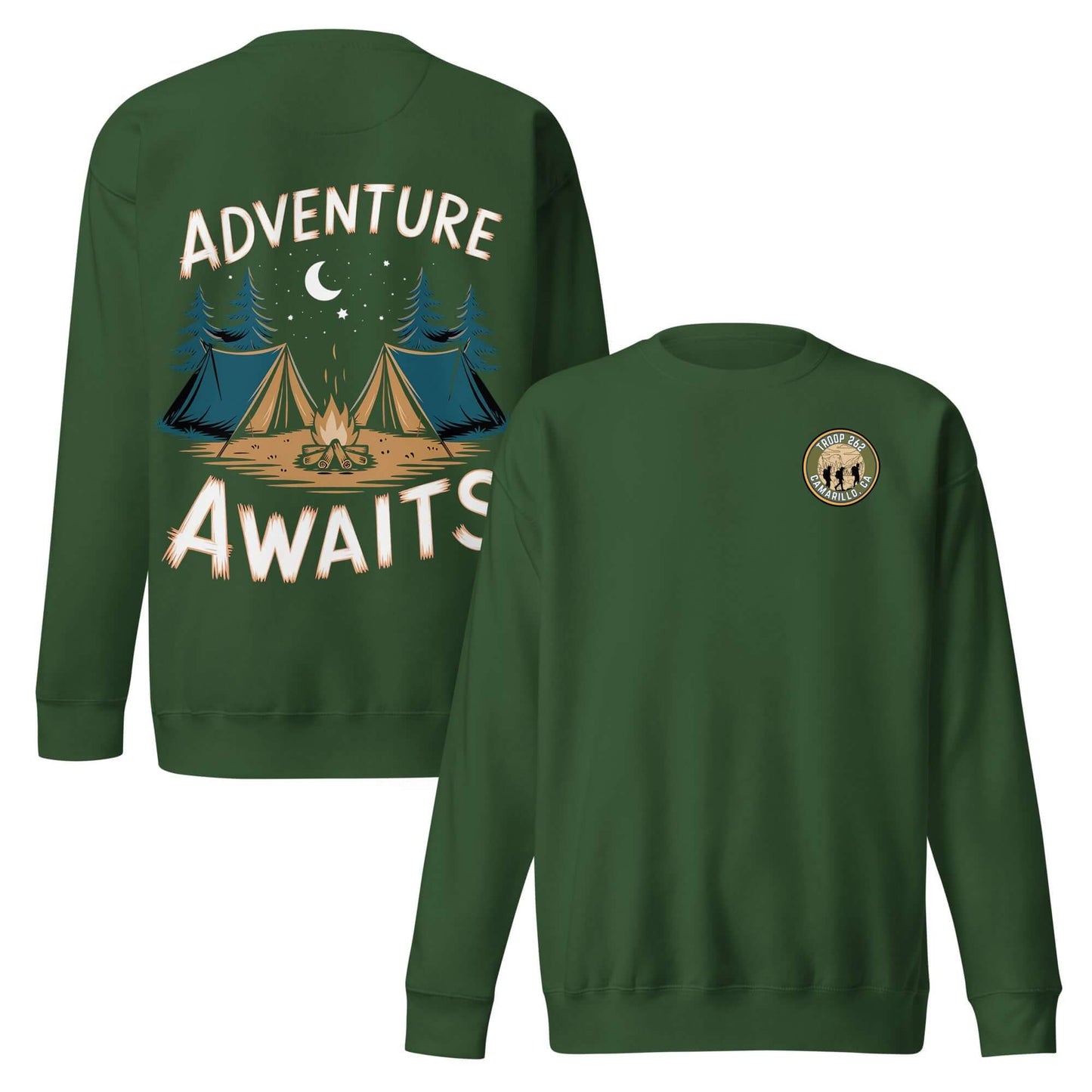 Adult Unisex Premium Sweatshirt with Adventure Awaits design, featuring tents and moon on a green background.