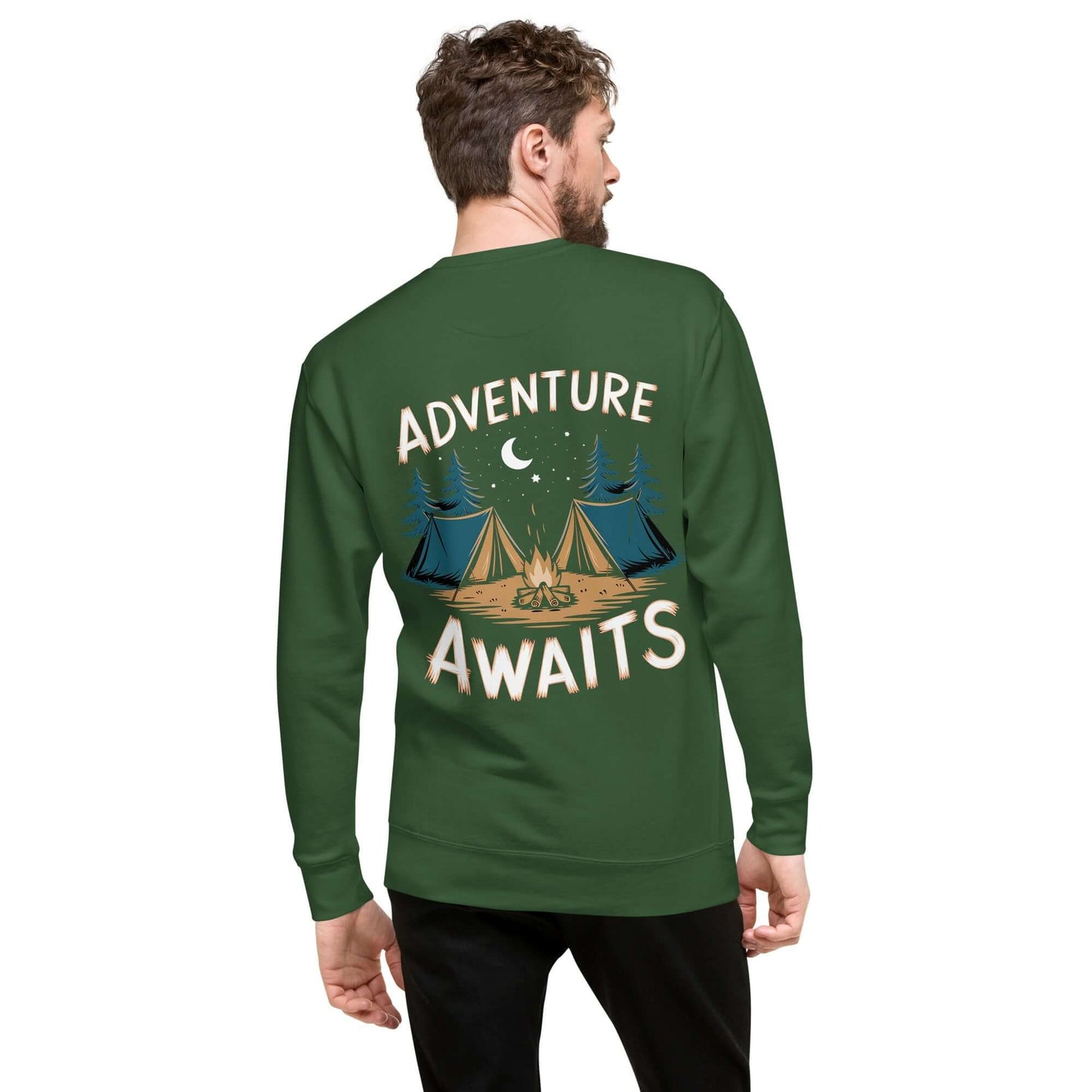 Adult unisex premium sweatshirt with 'Adventure Awaits' design featuring tents and trees.