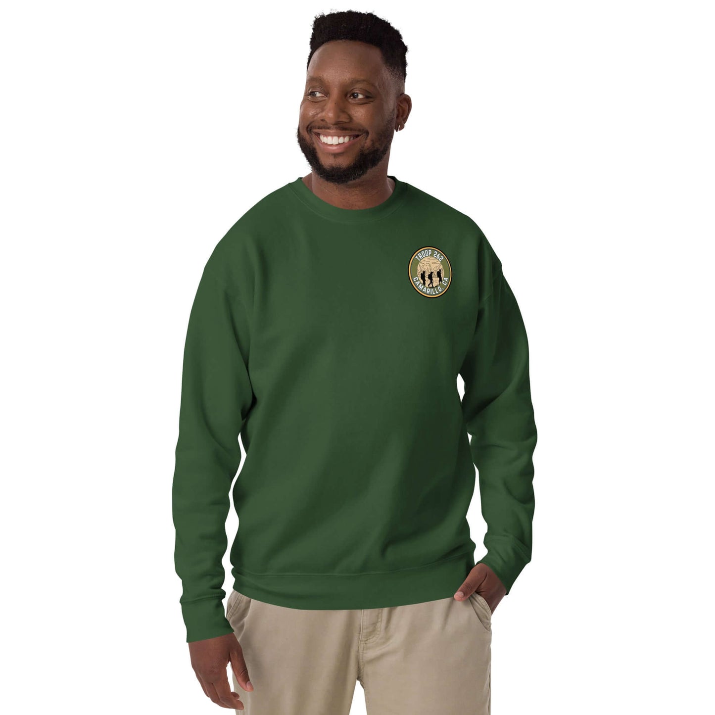 Adult unisex premium sweatshirt in green featuring Troop 262 Assistant Scout Master logo, perfect for hiking or casual wear.