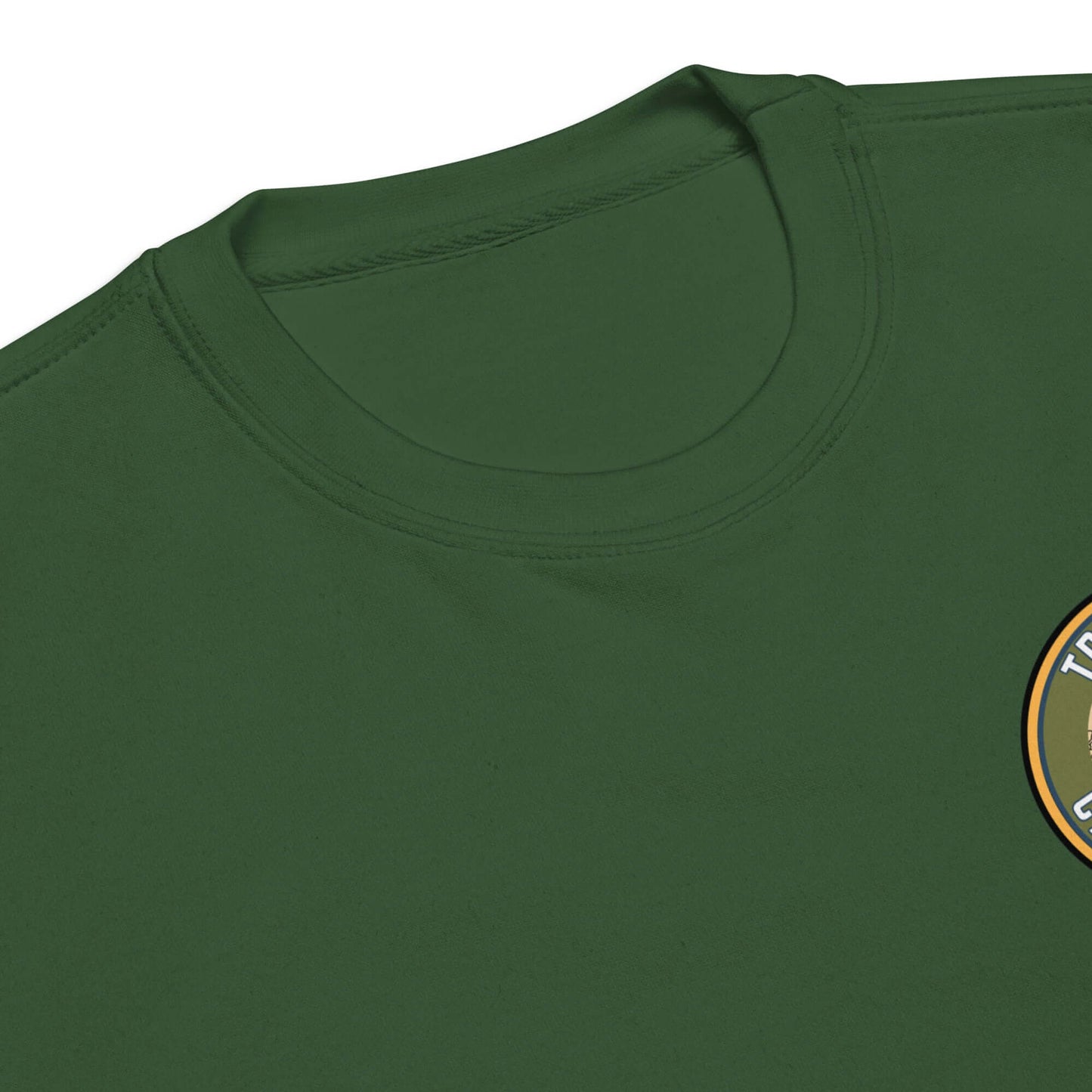 Close-up of green Adult Unisex Premium Sweatshirt collar featuring Troop 262 Assistant Scout Master logo.