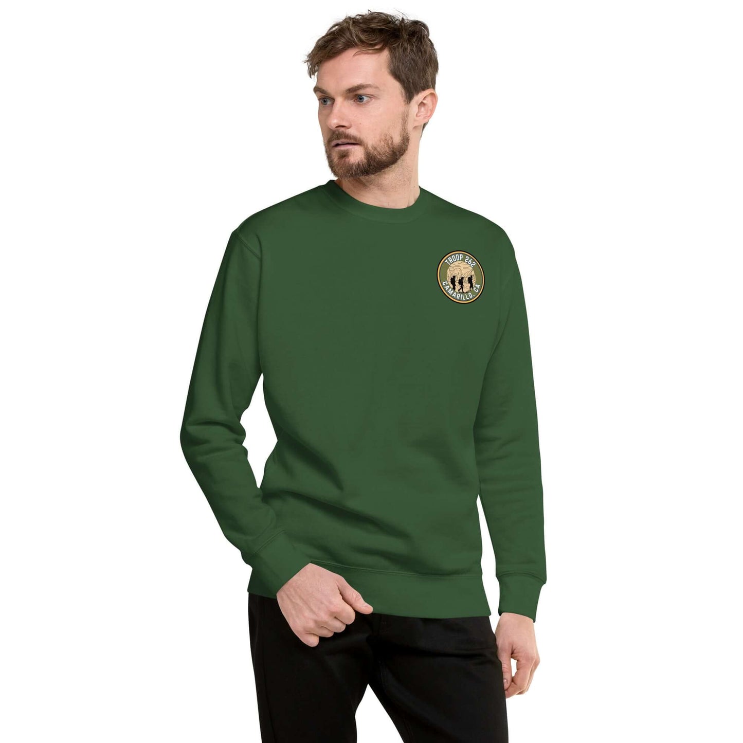 Adult unisex premium sweatshirt in green, featuring Troop 262 logo, ideal for hiking and casual wear.