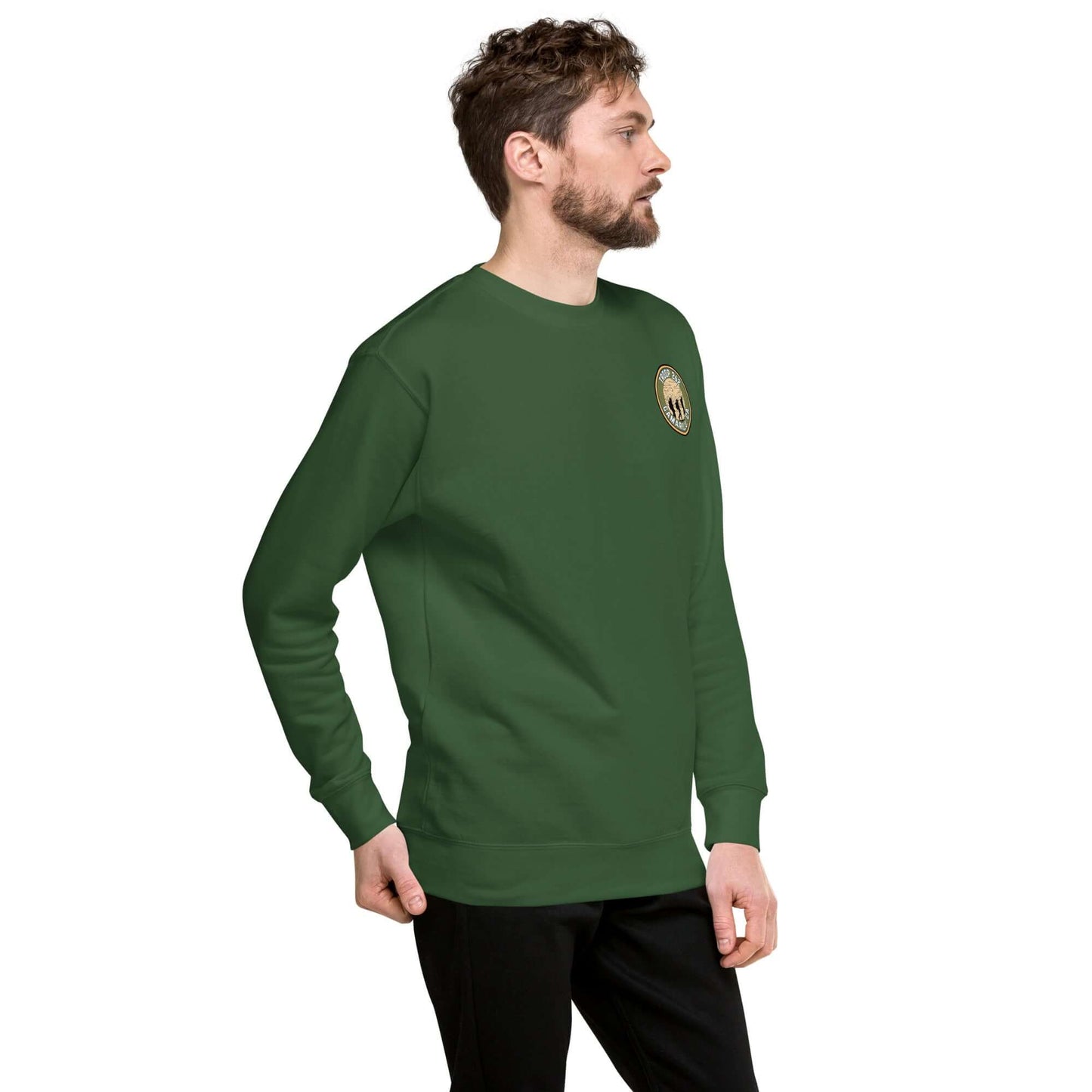 Adult unisex premium sweatshirt in green featuring Troop 262 logo, ideal for hiking and casual wear.