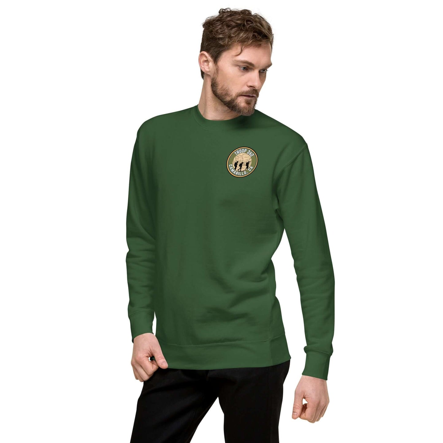 Adult unisex premium sweatshirt in forest green with Troop 262 logo, perfect for hiking and casual wear.