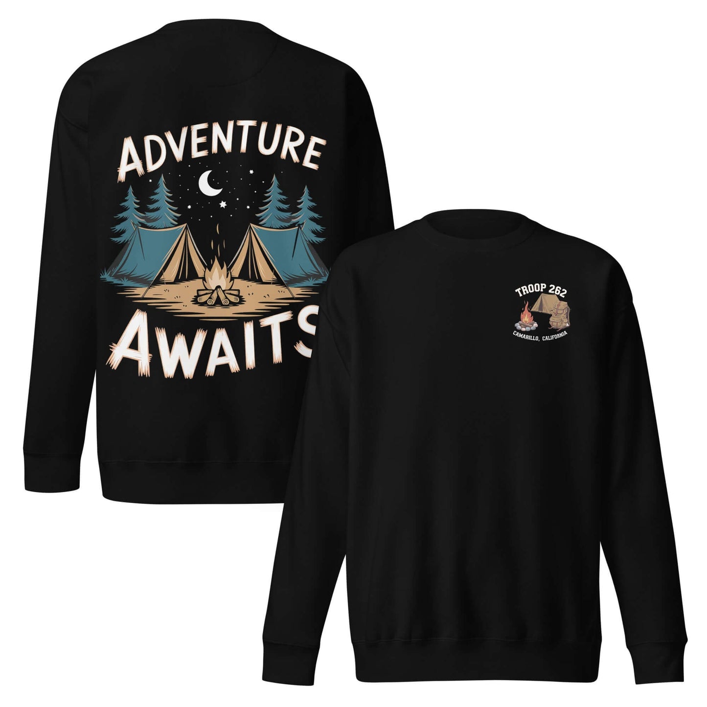 Adult Unisex Premium Sweatshirt featuring 'Adventure Awaits' graphic with camping theme, perfect for outdoor enthusiasts.