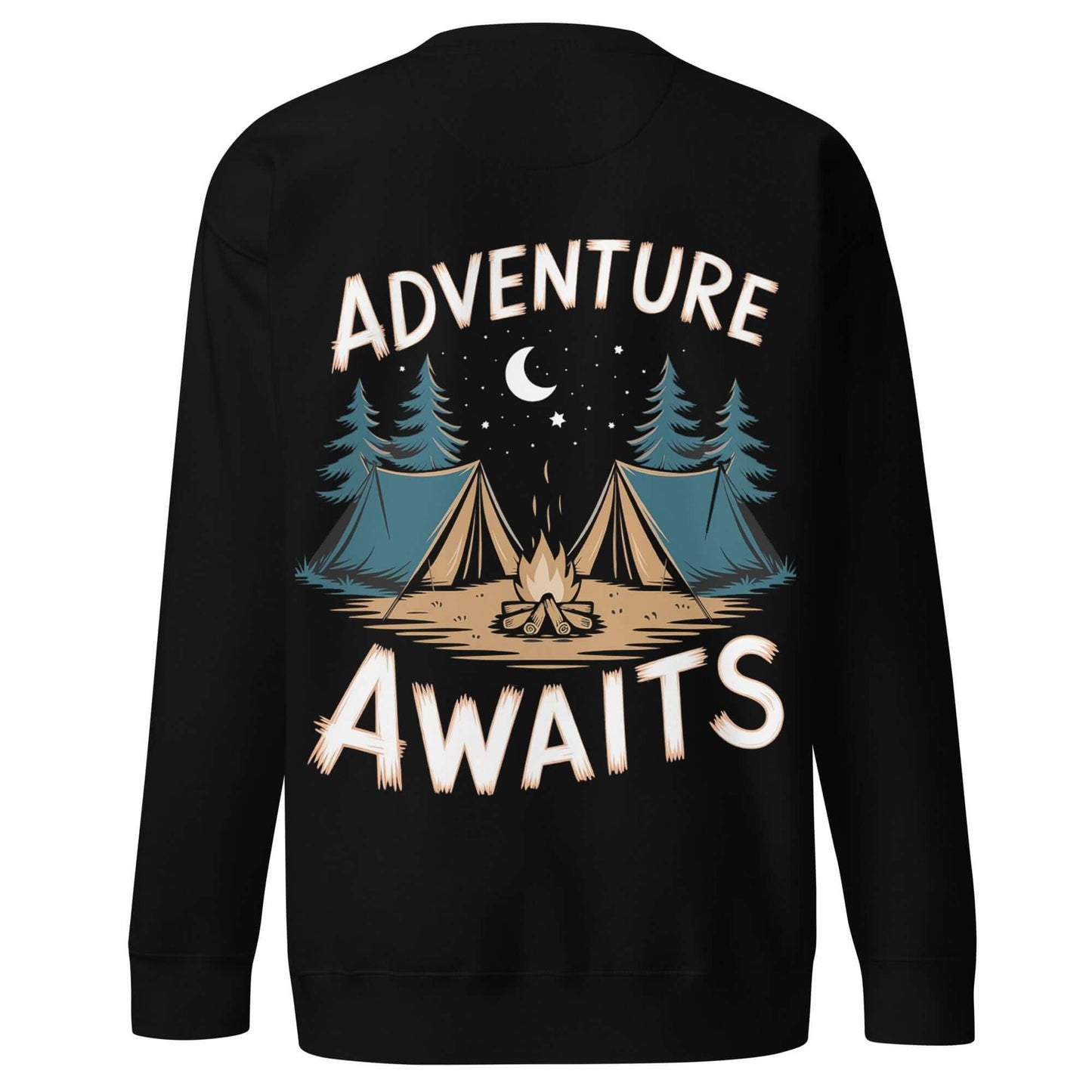 Black sweatshirt featuring 'Adventure Awaits' design with tents, trees, and a campfire for outdoor enthusiasts.