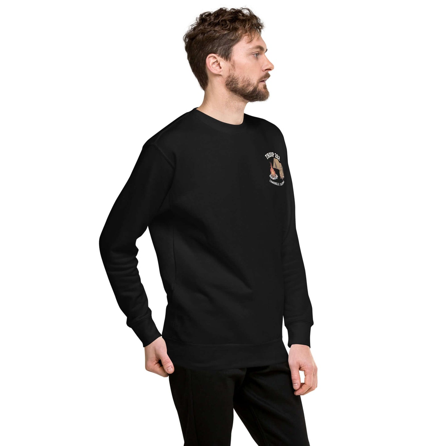 Adult Unisex Premium Sweatshirt in black with camping design, showcasing comfort and classic style.