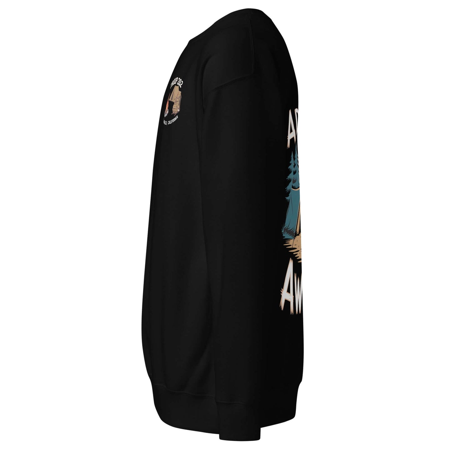Side view of Adult Unisex Premium Sweatshirt in black, featuring camping-themed design and classic ribbed crew neck.