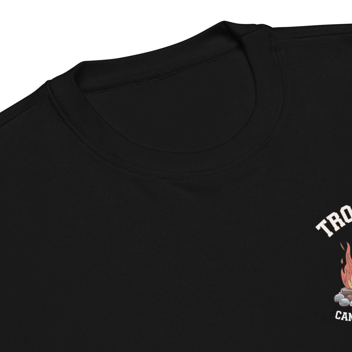 Close-up of black Adult Unisex Premium Sweatshirt collar with camping graphics, ideal for stylish comfort.