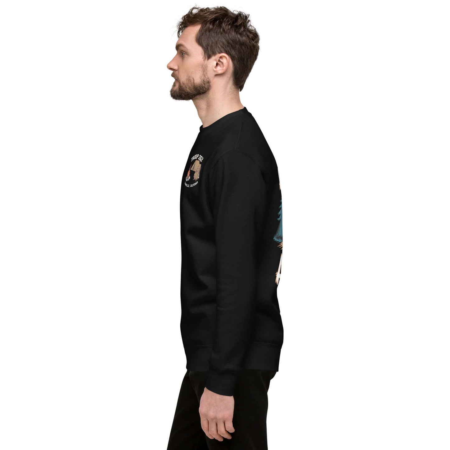 Adult unisex premium sweatshirt in black, featuring a camping design, side view, perfect for stylish and comfortable outdoor wear.