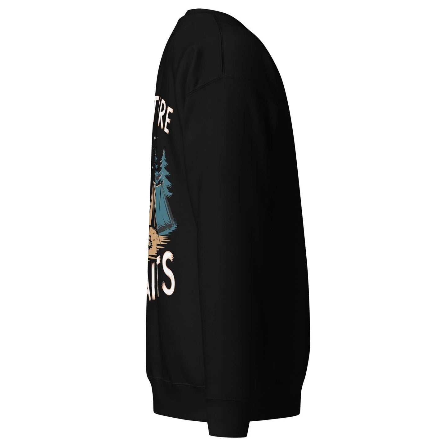 Side view of Adult Unisex Premium Sweatshirt, featuring a camping design and ribbed crew neck.