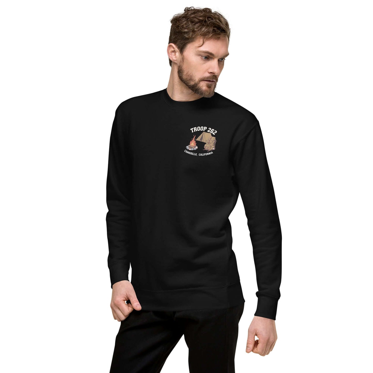 Adult Unisex Premium Sweatshirt in black featuring Troop 228 logo, perfect for scouting and casual wear.