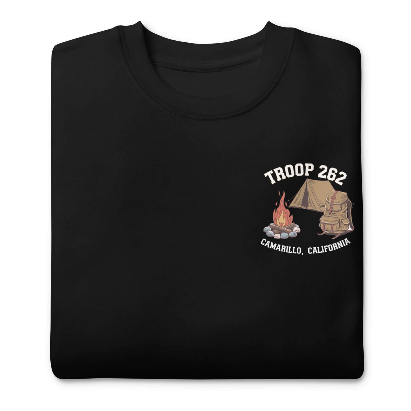 Adult unisex premium sweatshirt featuring Troop 262 design and camping graphics, stylish and comfortable for outdoor activities.