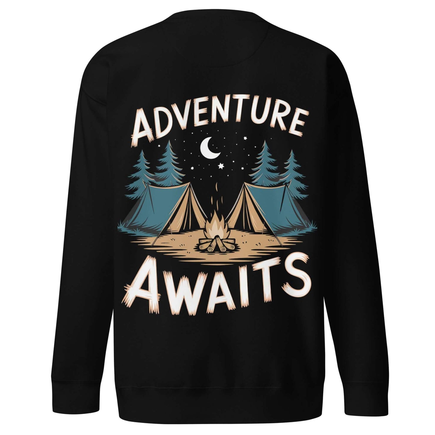 Black sweatshirt featuring camping design with text 'Adventure Awaits', perfect for outdoor enthusiasts.