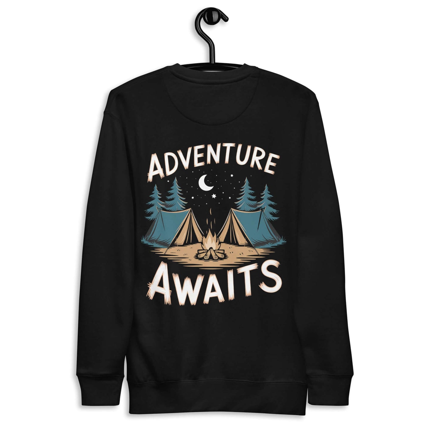 Adult unisex premium sweatshirt with 'Adventure Awaits' graphic, perfect for hiking and outdoor activities.