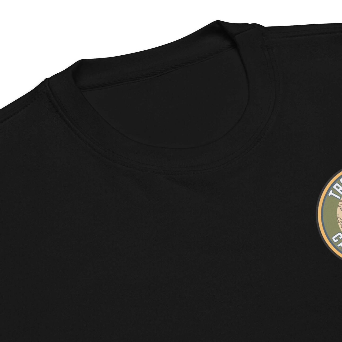 Close-up of the ribbed crew neck and logo on the Adult Unisex Premium Sweatshirt in black.