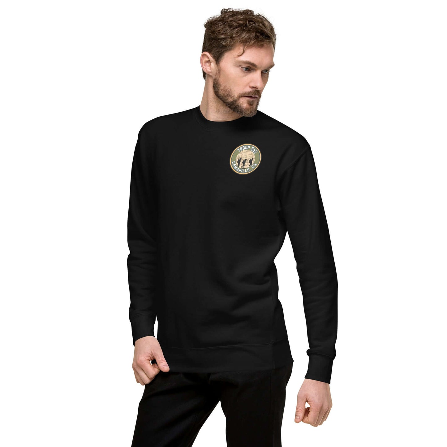 Adult Unisex Premium Sweatshirt in black, featuring a round logo, perfect for hiking and casual wear.