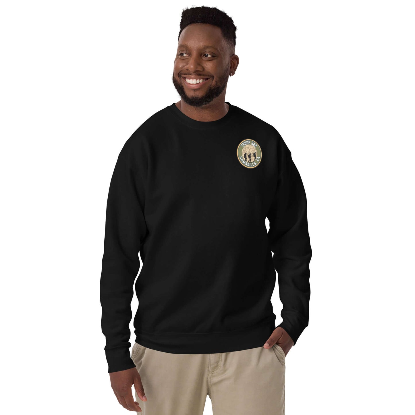 Adult unisex premium sweatshirt in black with hiking logo, featuring a classic crew neck and long sleeves.
