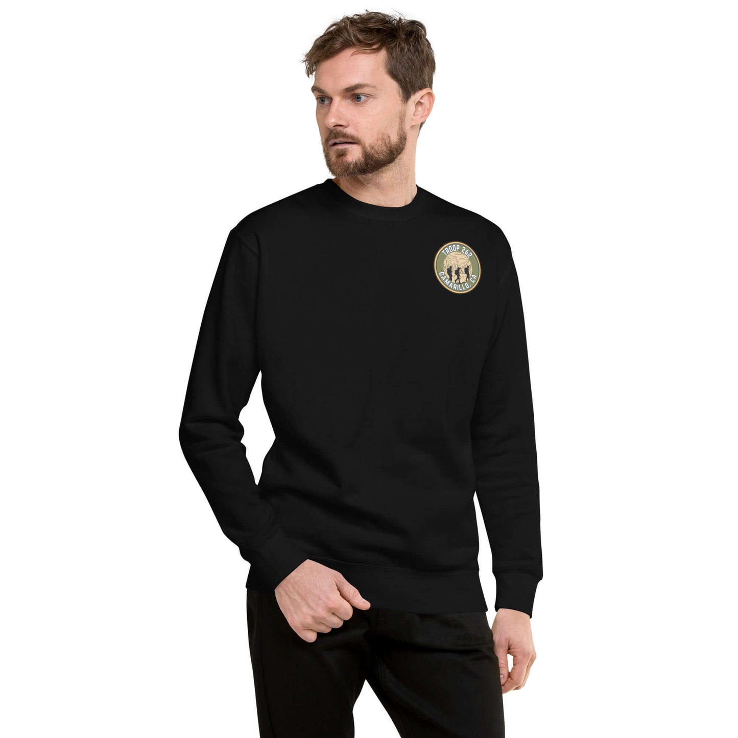 Adult unisex premium sweatshirt in black, featuring hiking design and classic crew neck style.