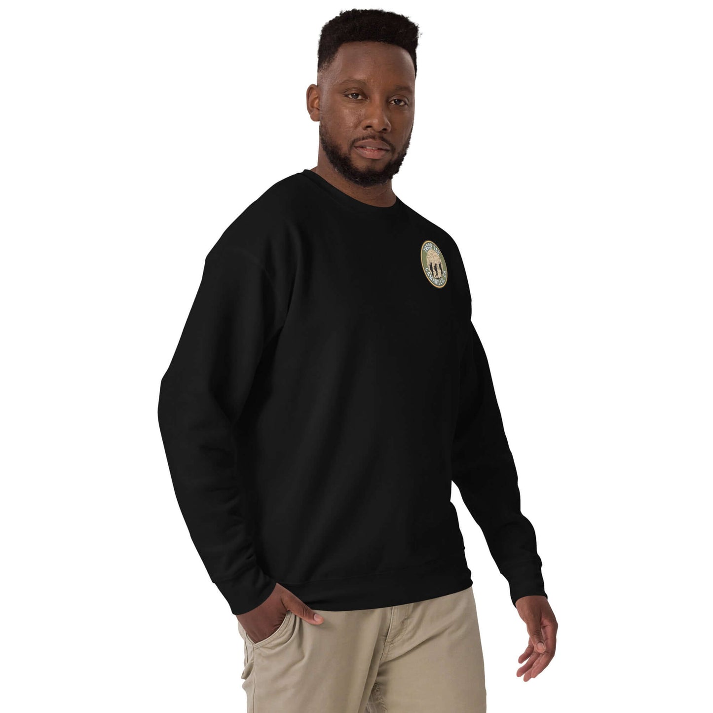 Adult unisex premium sweatshirt in black, featuring hiking logo, perfect for outdoor activities and casual wear.
