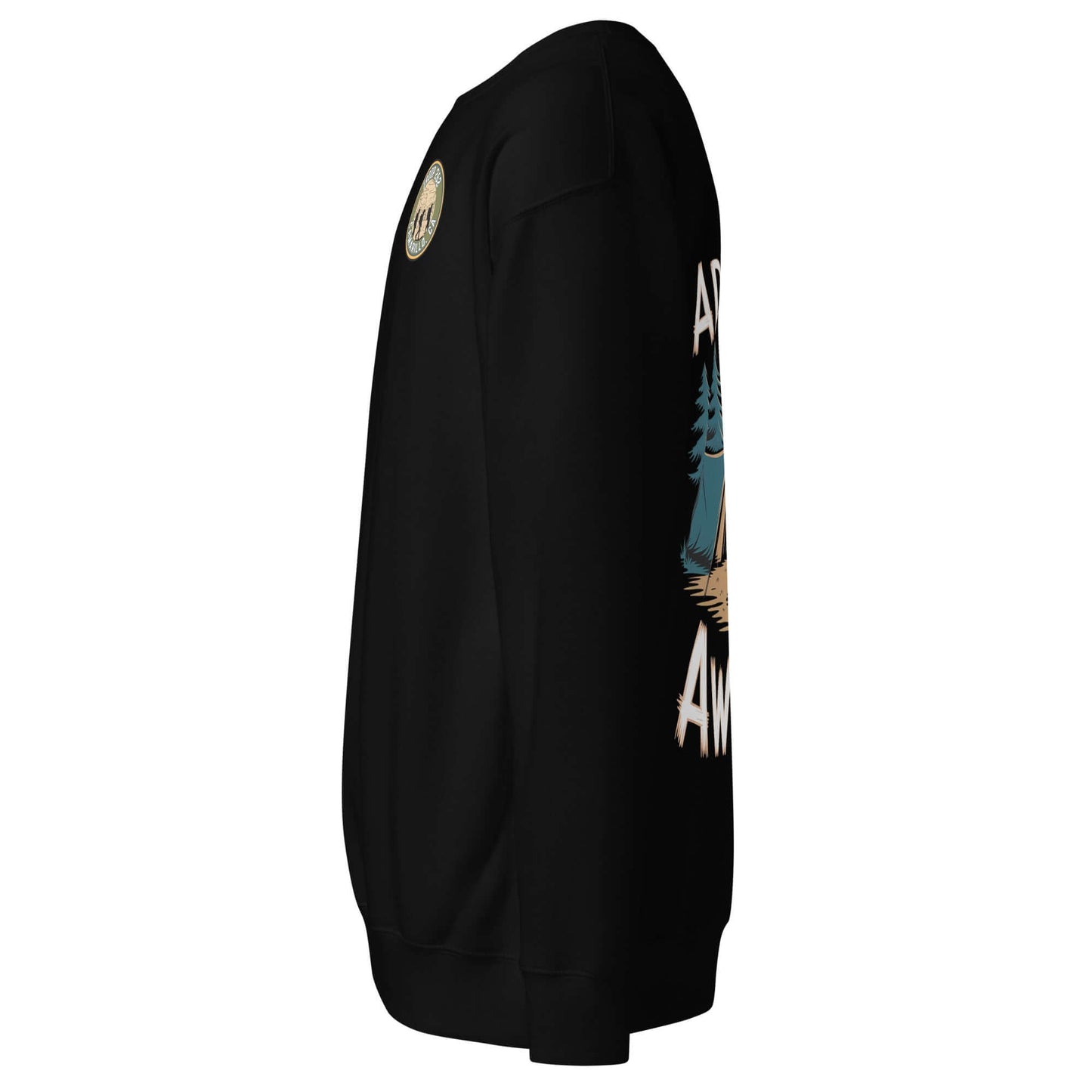 Side view of an Adult Unisex Premium Sweatshirt in black, featuring a nature-themed graphic and emblem for hiking enthusiasts.