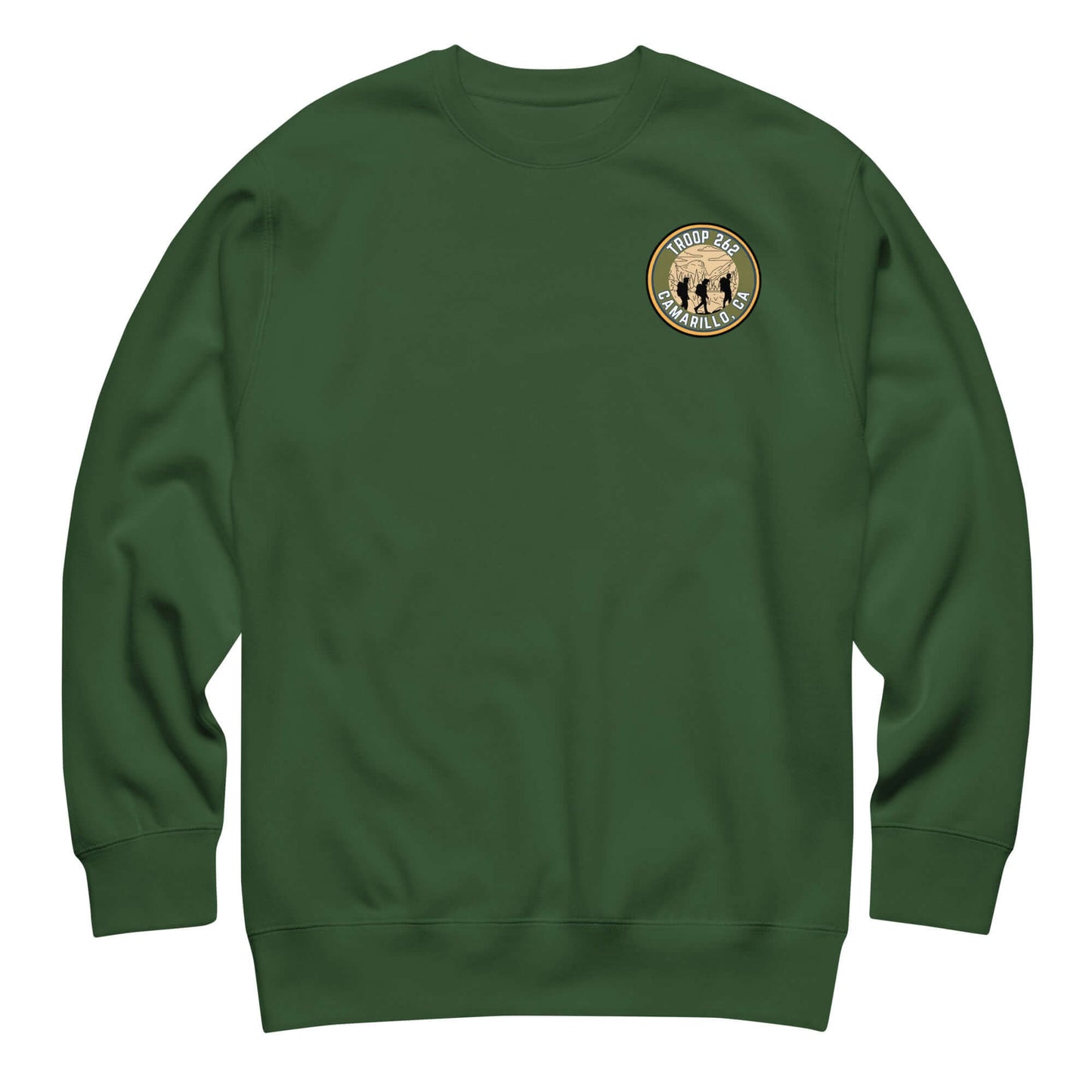 Adult Unisex Premium Sweatshirt in green with Troop 262 patch, ideal for scout leaders and outdoor activities.