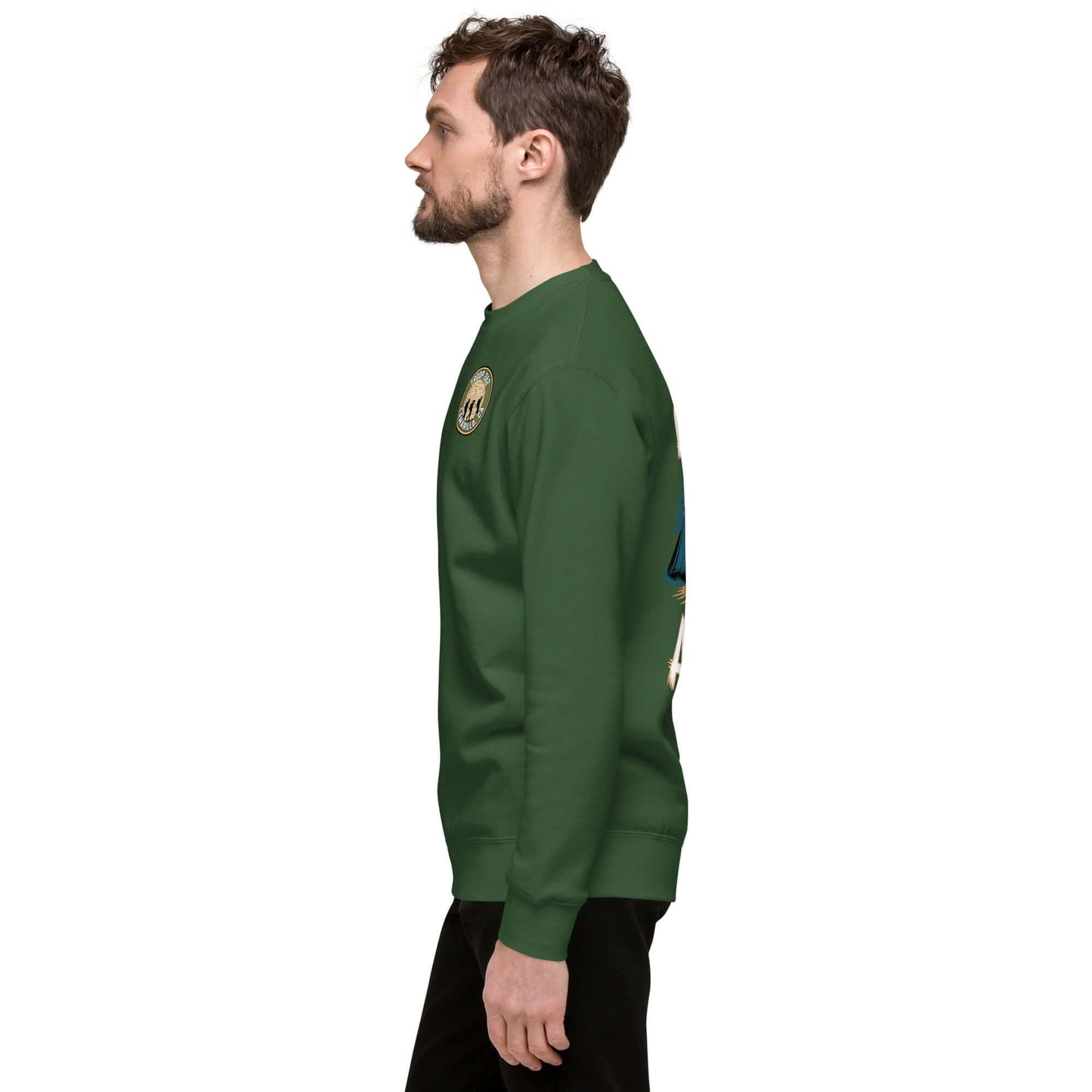 Side view of a man wearing the Adult Unisex Premium Sweatshirt in green, featuring Troop 262 design.