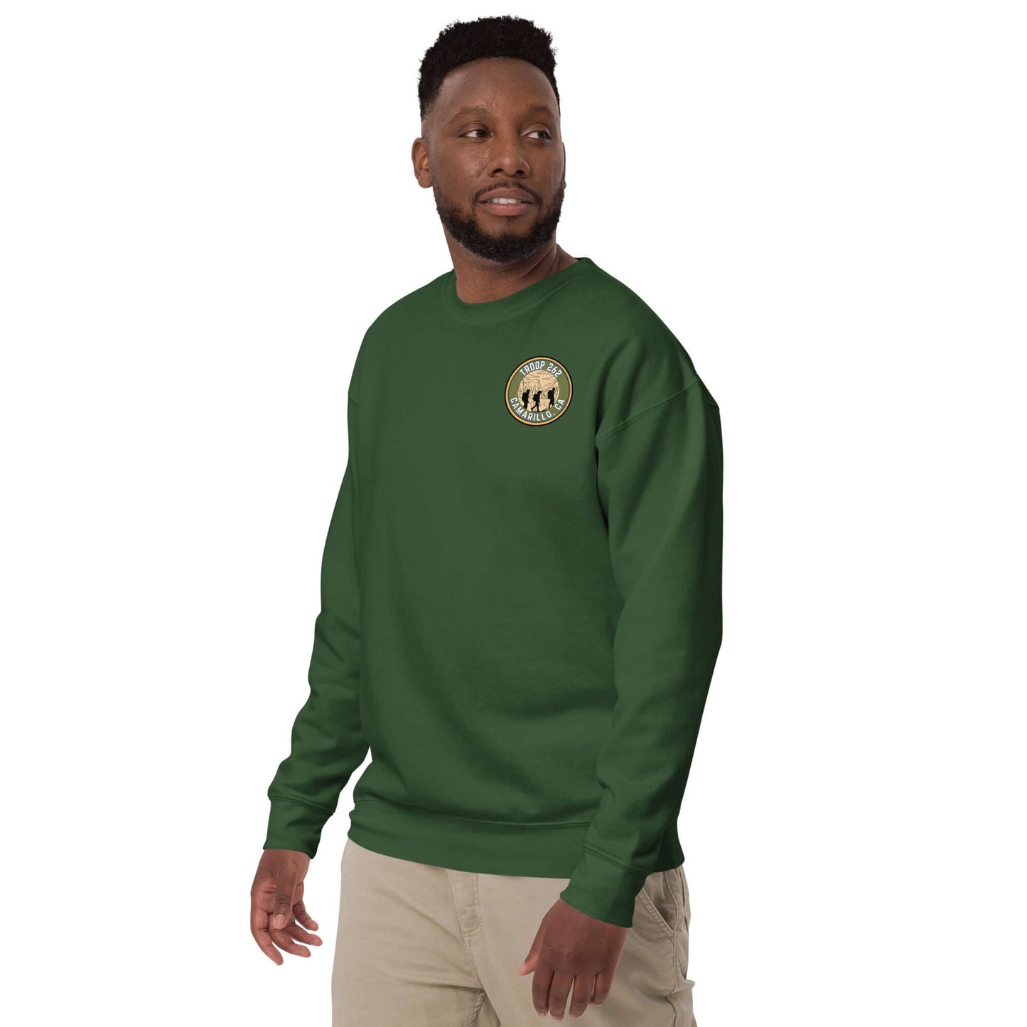 Adult unisex premium sweatshirt in green, showcasing Troop 262 logo, perfect for hiking and casual wear.