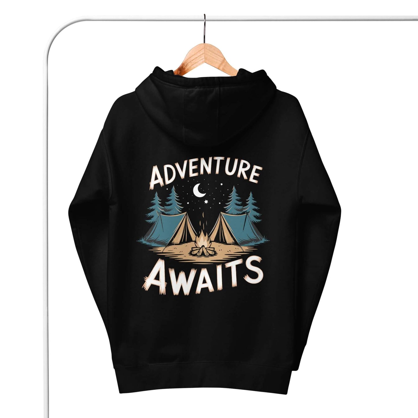 Black adult unisex hoodie with 'Adventure Awaits' graphic and camping scene, perfect for outdoor enthusiasts.