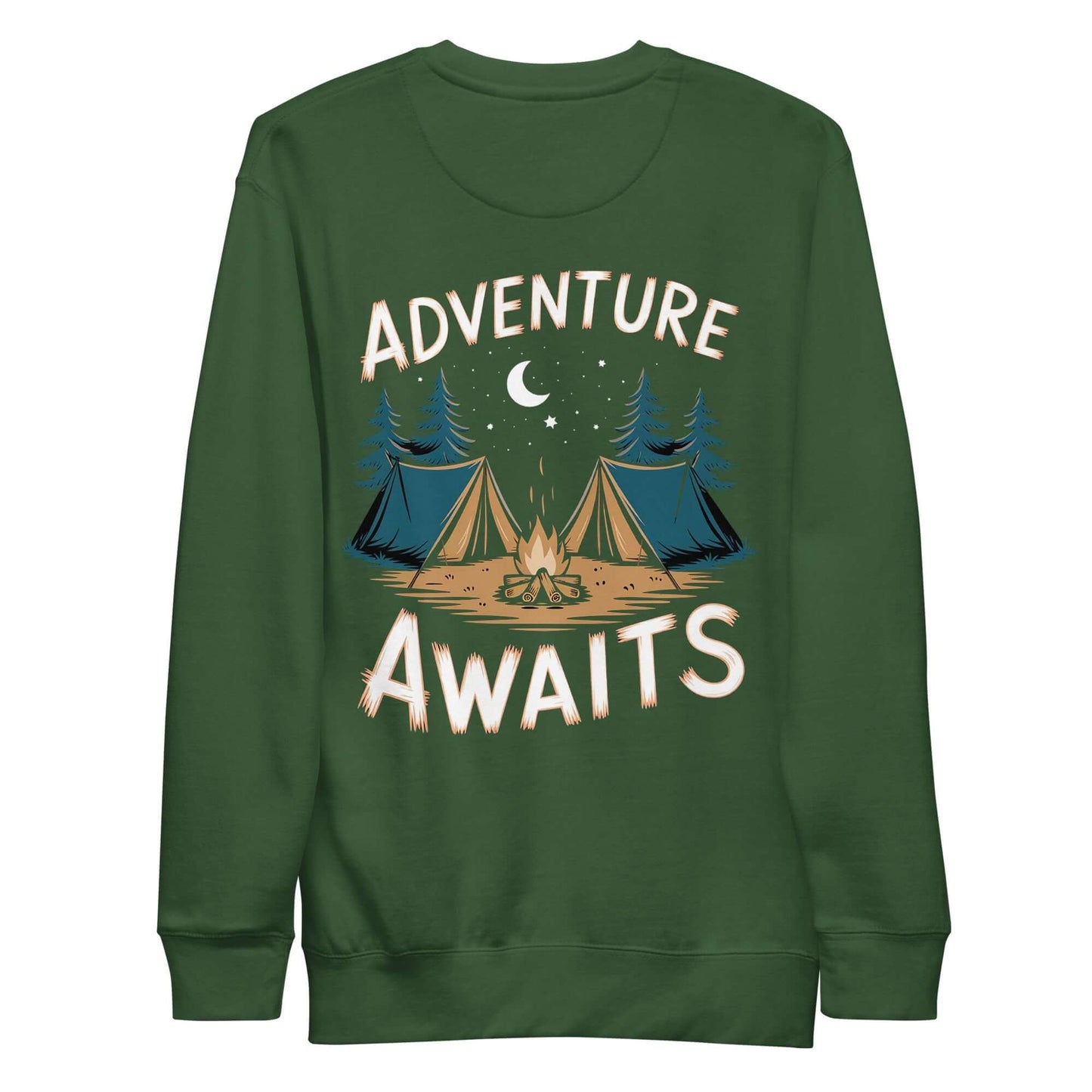 Adult unisex premium sweatshirt featuring 'Adventure Awaits' design with camping scene and trees.