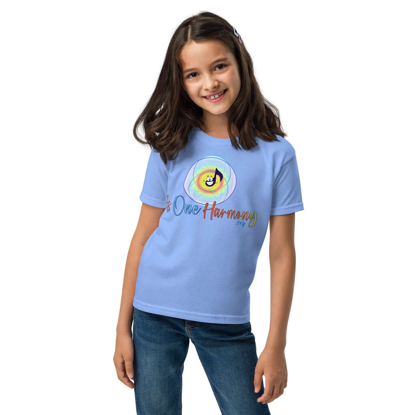 Girl wearing blue As One Harmony youth moisture-wicking t-shirt, perfect for active days and comfort.