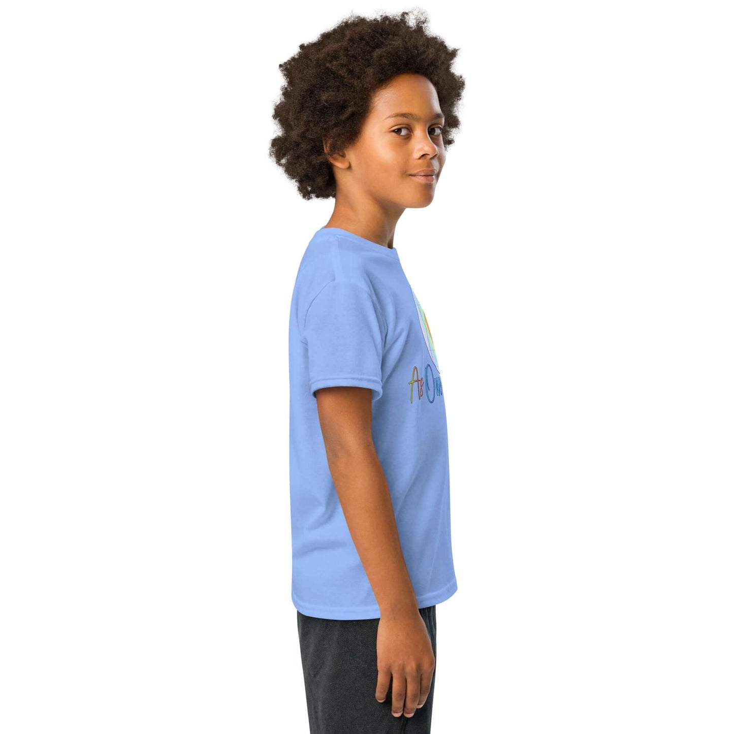 Youth moisture-wicking t-shirt in blue, modern fit displayed on a boy with curly hair.