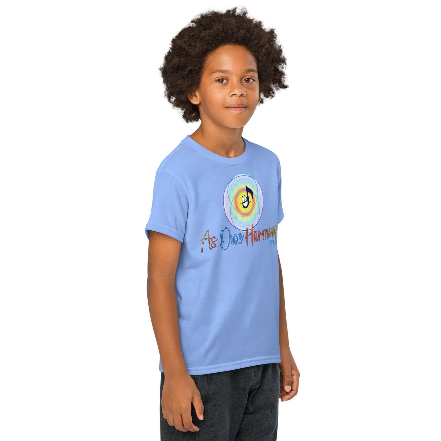Youth moisture-wicking t-shirt in blue with 'As One Harmony' design for active kids.