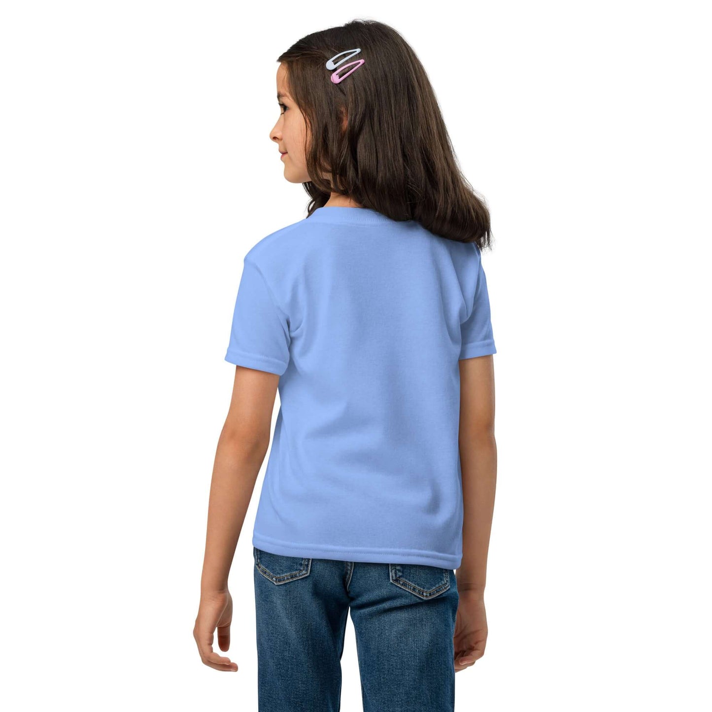 Back view of a girl in a blue moisture-wicking youth t-shirt, designed for cool comfort during active play.